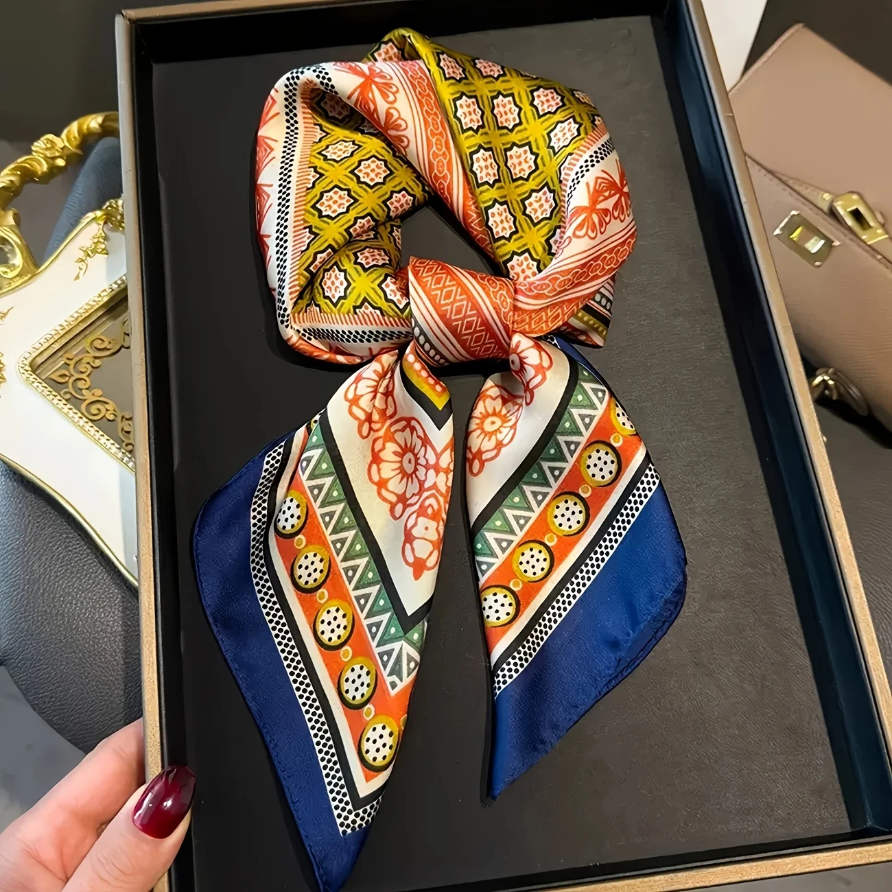 Vintage Luxury Square Bandana, Elegant Black, Golden, And White Paisley Design – Lightweight, Breathable | All-Season Headscarf | Fashionable Headwrap, Hair Scarf, Lightweight & Portable, Hand Washable
Vintage Luxury Square Bandana, Elegant Black, Golden, And White Paisley Design – Lightweight, Breathable | All-Season Headscarf | Fashionable Headwrap, Hair Scarf, Lightweight & Portable, Hand Washable