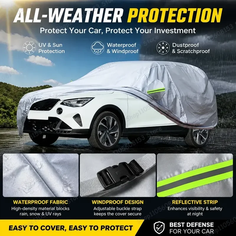 For Seat Arona 2017–2025 Car Cover Outdoor All Weather Protection UV Resistant Windproof Dustproof Snowproof Rainproof SUV
For Seat Arona 2017–2025 Car Cover Outdoor All Weather Protection UV Resistant Windproof Dustproof Snowproof Rainproof SUV
