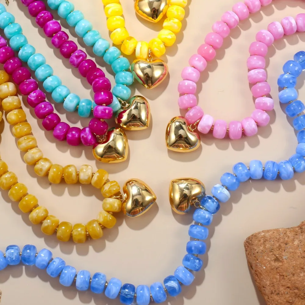Colorful Resin Beaded Bracelets with 18K Gold Plated Heart Charms, 5 Colors Available
Colorful Resin Beaded Bracelets with 18K Gold Plated Heart Charms, 5 Colors Available
