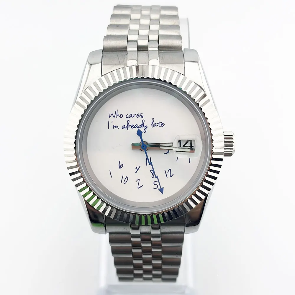 39/36mm "Who cares" blue text watch 316L stainless steel sapphire glass suitable for NH35 automatic movement 5Bar waterproof
39/36mm "Who cares" blue text watch 316L stainless steel sapphire glass suitable for NH35 automatic movement 5Bar waterproof