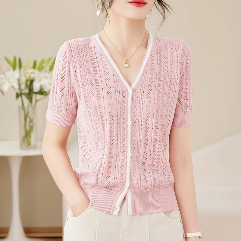 Women Summer Ice Silk T-shirt Sweater V-neck Short Sleeve Hollowed Jacquard Tees Cardigan Casual Knitted Soft Slim Clothing Tops
Women Summer Ice Silk T-shirt Sweater V-neck Short Sleeve Hollowed Jacquard Tees Cardigan Casual Knitted Soft Slim Clothing Tops