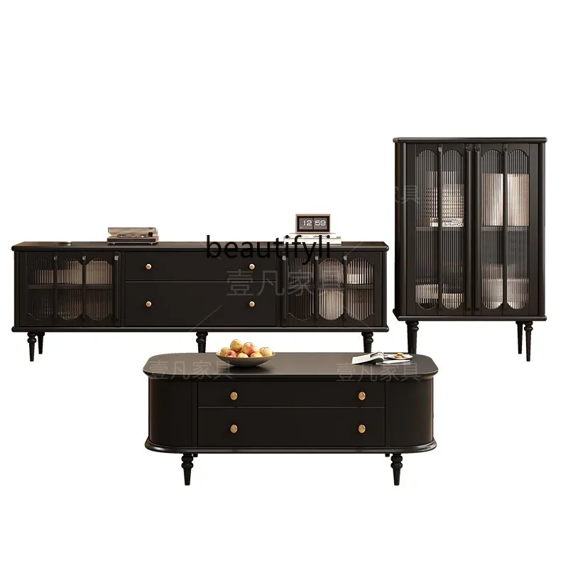 French retro coffee table TV cabinet combination living room solid wood medium and ancient style integrated storage locker
French retro coffee table TV cabinet combination living room solid wood medium and ancient style integrated storage locker