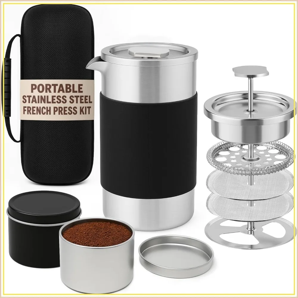12 oz Portable French Press Coffee Maker Set, Double Wall Insulated with Dual Filters & 2 Steel Canisters
12 oz Portable French Press Coffee Maker Set, Double Wall Insulated with Dual Filters & 2 Steel Canisters