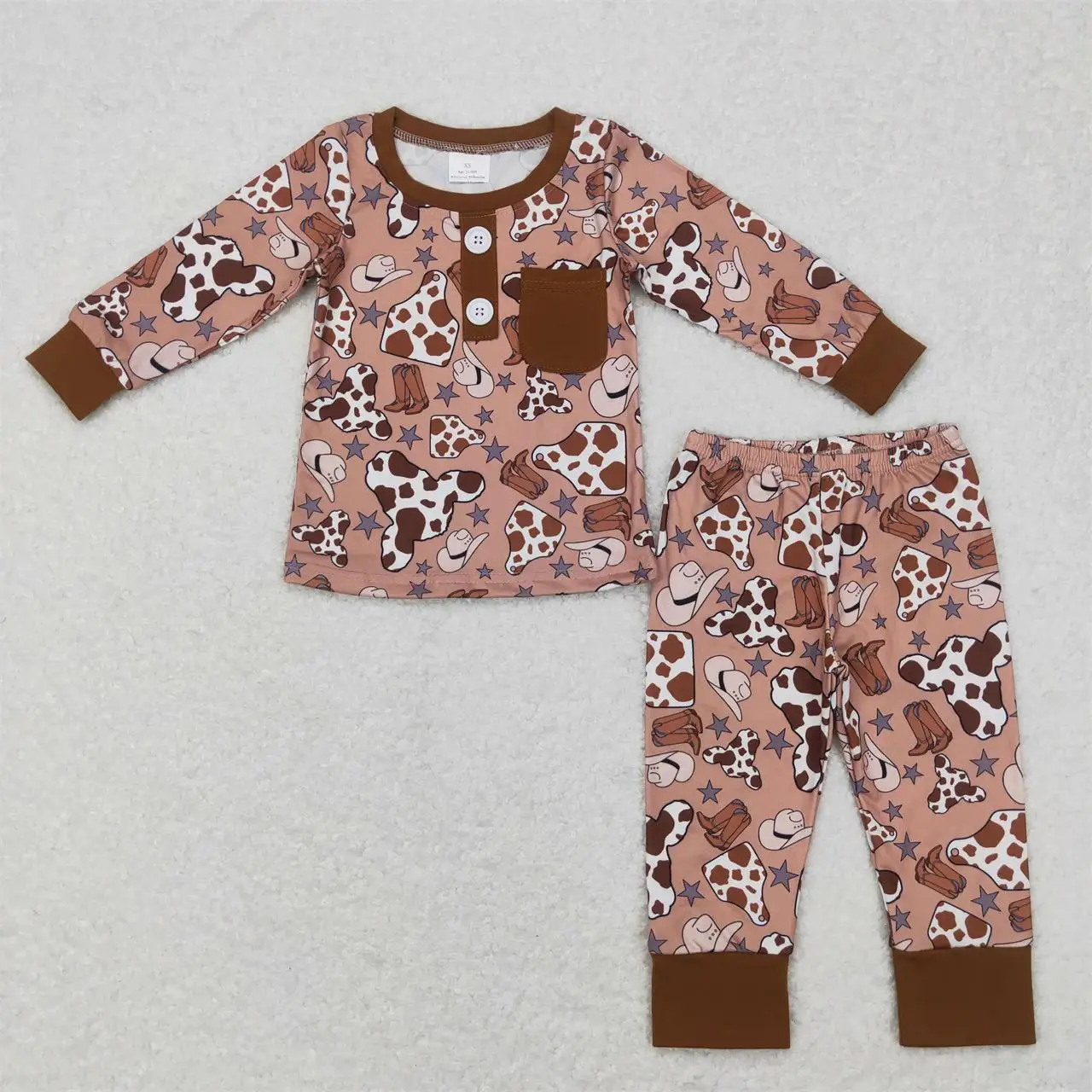 Wholesale Toddler Kids Western Outfit Sleepwear Baby Boy Long Sleeves Pocket Pullover Shirt Children Pants Set Cow Print Pajamas
Wholesale Toddler Kids Western Outfit Sleepwear Baby Boy Long Sleeves Pocket Pullover Shirt Children Pants Set Cow Print Pajamas