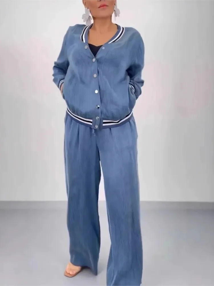 Women's Casual Trousers Suits Spliced Sports Jacket + Female Vinatge Blue Baggy Pants Two Piece Set 2025 New Street Lady Outfits
Women's Casual Trousers Suits Spliced Sports Jacket + Female Vinatge Blue Baggy Pants Two Piece Set 2025 New Street Lady Outfits