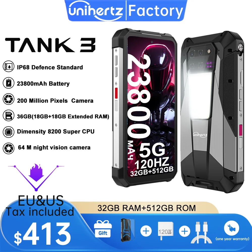 Unihertz Tank 3 8849 Android 13 Smartphone Rugged 23800mAh 32GB 512GB 200MP 5G Mobile Phone Waterproof 120W Night Vision Phones
Unihertz Tank 3 8849 Android 13 Smartphone Rugged 23800mAh 32GB 512GB 200MP 5G Mobile Phone Waterproof 120W Night Vision Phones
