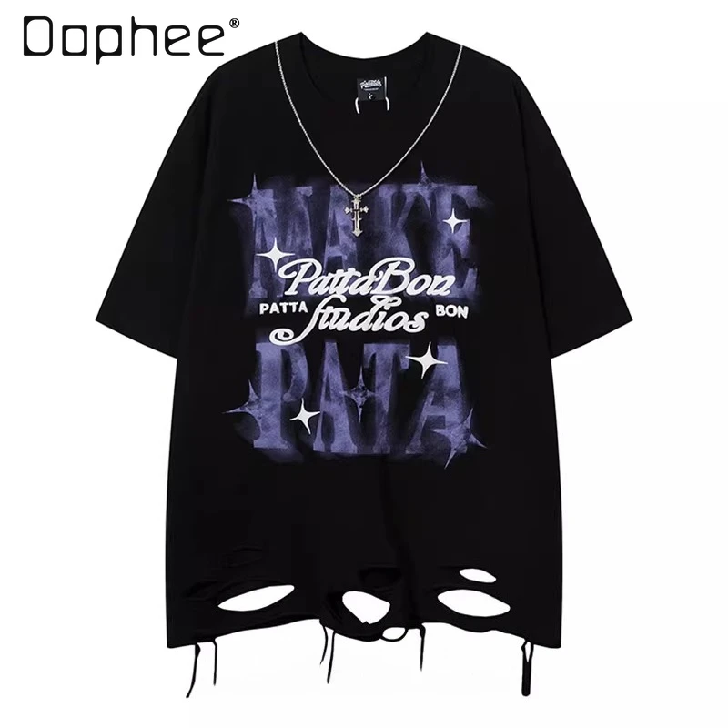 Summer New American High Street Style Men's Black White Loose Casual Letter Print Ripped Round Neck Short Sleeve T-shirt
Summer New American High Street Style Men's Black White Loose Casual Letter Print Ripped Round Neck Short Sleeve T-shirt