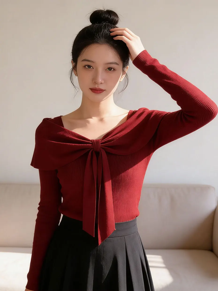 Christmas Atmosphere Knot Red Knitted Top Women's Autumn Winter Slim Fit Inner Wear Base Shirt Fashionable Design
Christmas Atmosphere Knot Red Knitted Top Women's Autumn Winter Slim Fit Inner Wear Base Shirt Fashionable Design