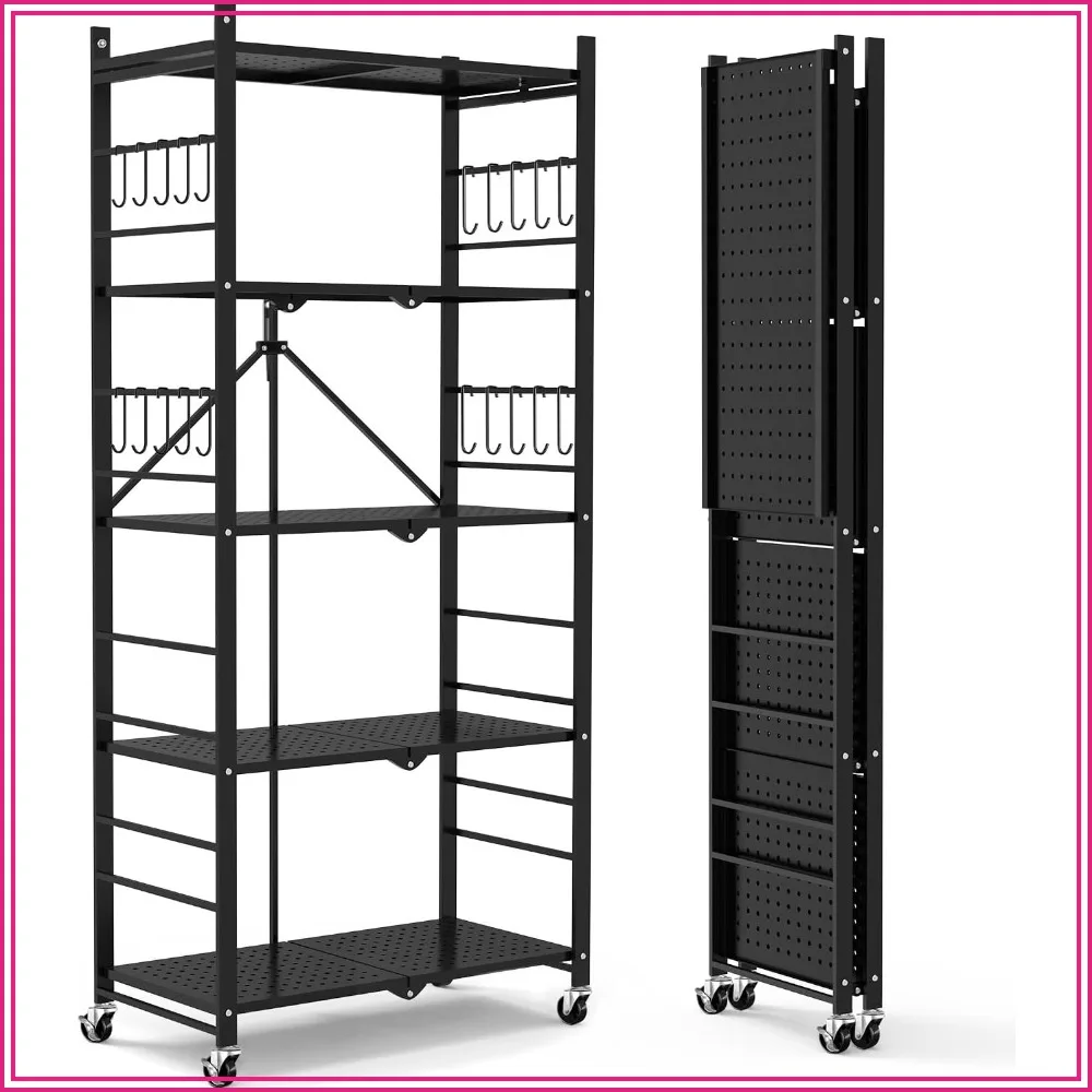 5-Tier Folding Storage Shelves with 20 Hooks, 440 lbs Capacity, Collapsible Wire Rack for Garage Kitchen, Black
5-Tier Folding Storage Shelves with 20 Hooks, 440 lbs Capacity, Collapsible Wire Rack for Garage Kitchen, Black