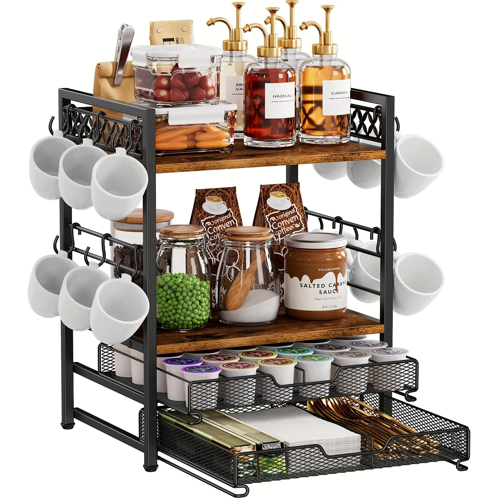 Organize Your Kitchen Counter with This Coffee Bar Station Shelf, Featuring a Mug Holder Stand Equipped with 12 Hooks And a Drawer for 30 K Cup Pods
Organize Your Kitchen Counter with This Coffee Bar Station Shelf, Featuring a Mug Holder Stand Equipped with 12 Hooks And a Drawer for 30 K Cup Pods