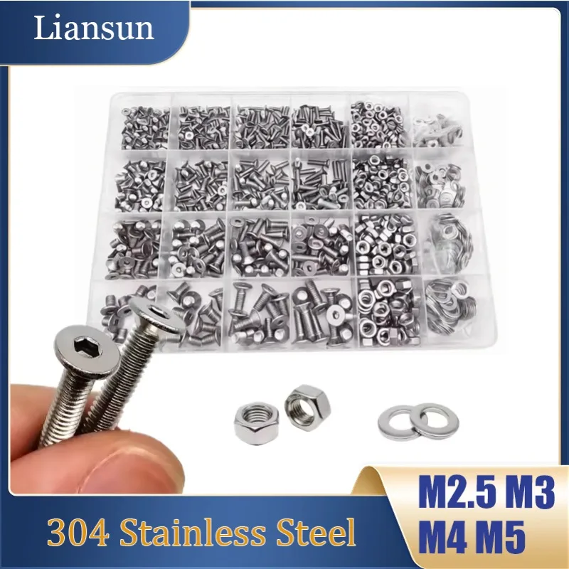 1230Pcs Hexagon Hex Socket Flat Head Screw Set M2.5M3M4M5 Stainless Steel Allen Countersunk Head Screw Bolt Nut and Washer Set
1230Pcs Hexagon Hex Socket Flat Head Screw Set M2.5M3M4M5 Stainless Steel Allen Countersunk Head Screw Bolt Nut and Washer Set