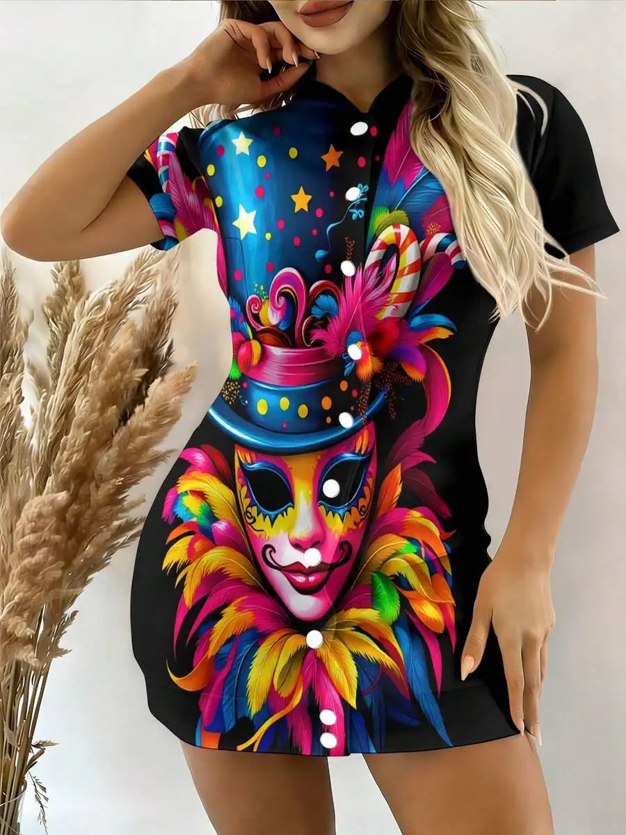 Womens Short Sleeve Baseball Dress With Colorful Jester Mask Print Casual Summer Dress
Womens Short Sleeve Baseball Dress With Colorful Jester Mask Print Casual Summer Dress