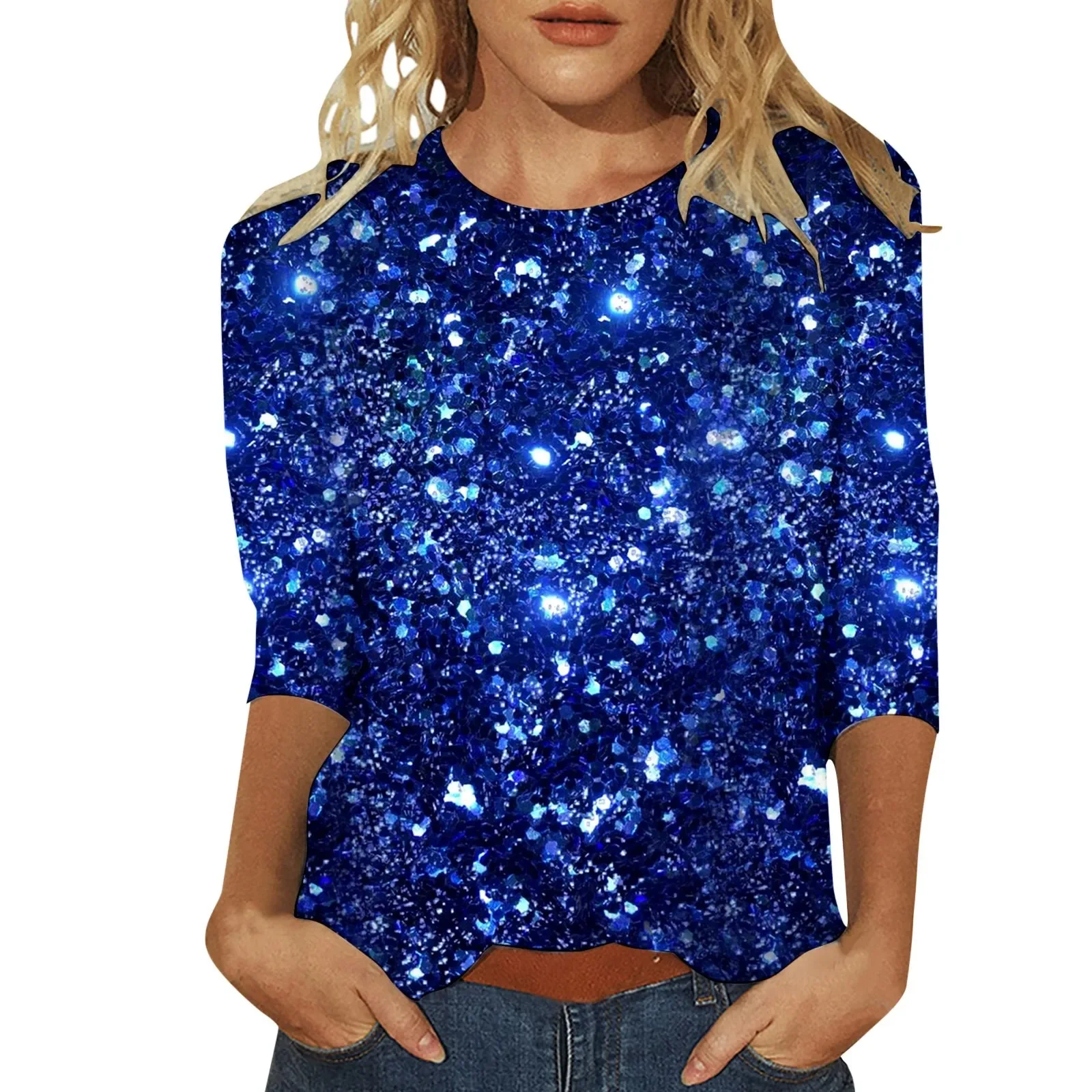 Fashion Women T-shirt Tops Three Quarter Sleeve Casual Fake Sequins Printed Round Neck Loose T Shirt Party Wear Tees
Fashion Women T-shirt Tops Three Quarter Sleeve Casual Fake Sequins Printed Round Neck Loose T Shirt Party Wear Tees