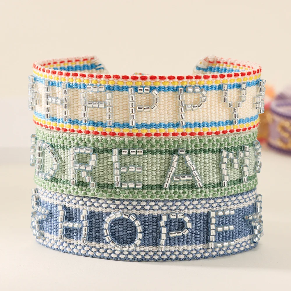 Soft Woven Bracelets with Embroidered Beaded Words Stackable Boho Tassel Bangles for Adults
Soft Woven Bracelets with Embroidered Beaded Words Stackable Boho Tassel Bangles for Adults