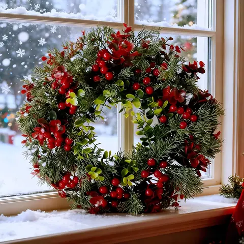 40cm Christmas Wreath with Red Berries - Artificial Eucalyptus Leaf Door Hanger, - Indoor and Outdoor Holiday Decor
