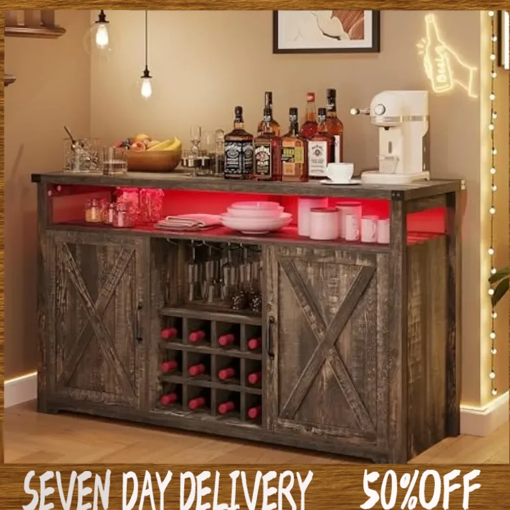 Bar Cabinet with LED Lights, 55" Farmhouse Buffet Coffee Bar Cabinet with Storage, Wine Liquor Cabinet with TV bench
Bar Cabinet with LED Lights, 55" Farmhouse Buffet Coffee Bar Cabinet with Storage, Wine Liquor Cabinet with TV bench
