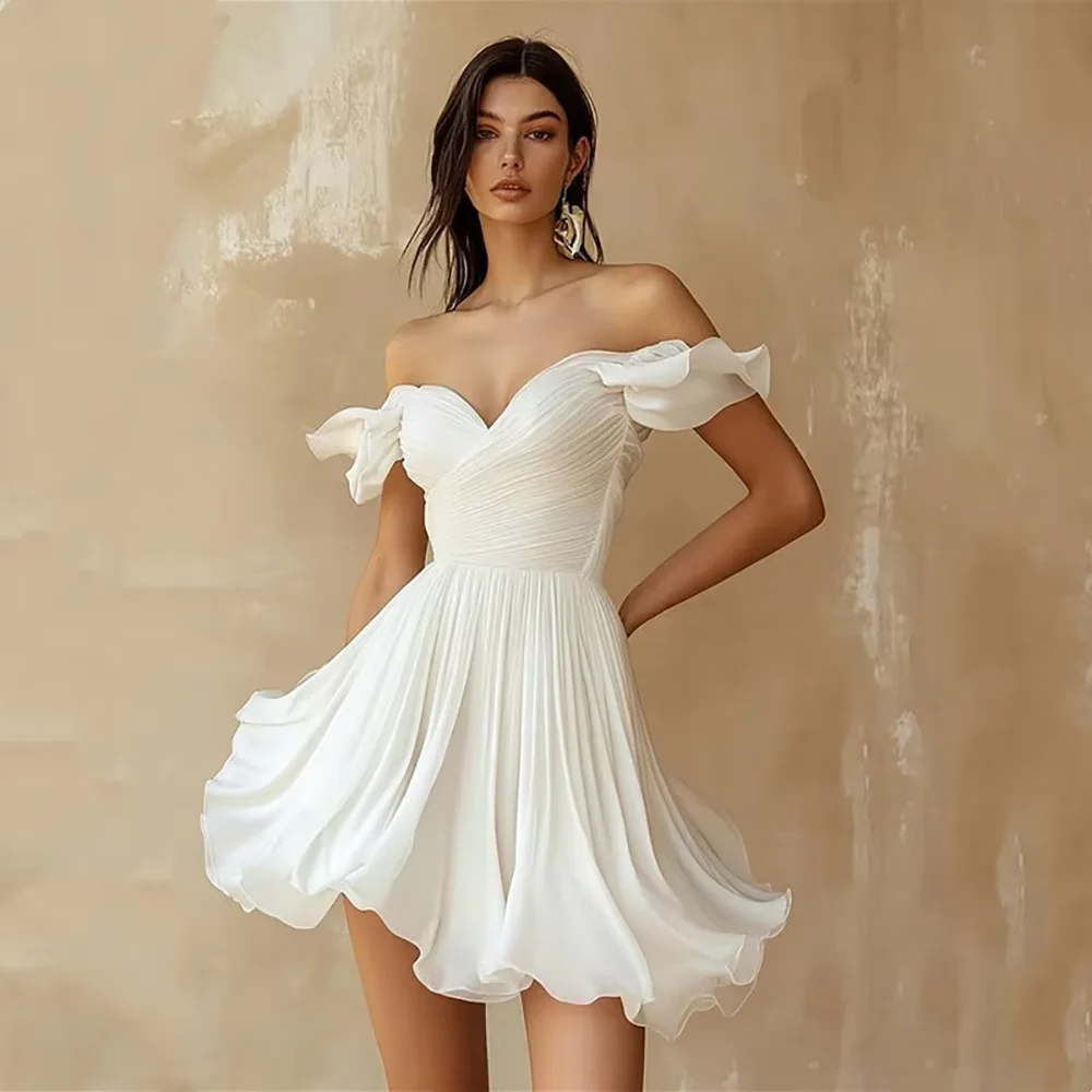 Women's Off Shoulder White Ruffle Mini Dress Backless Pleated Chiffon Elegant Cocktail Party Wedding Guest Bridal Summer Dress
Women's Off Shoulder White Ruffle Mini Dress Backless Pleated Chiffon Elegant Cocktail Party Wedding Guest Bridal Summer Dress