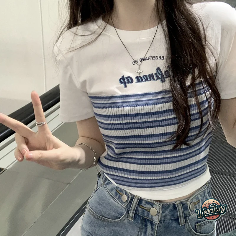Korean Contrast Color Letter Print Striped Round Neck Short Sleeve Knitted T-Shirt Women's Slim Crop Top Female Clothing
Korean Contrast Color Letter Print Striped Round Neck Short Sleeve Knitted T-Shirt Women's Slim Crop Top Female Clothing