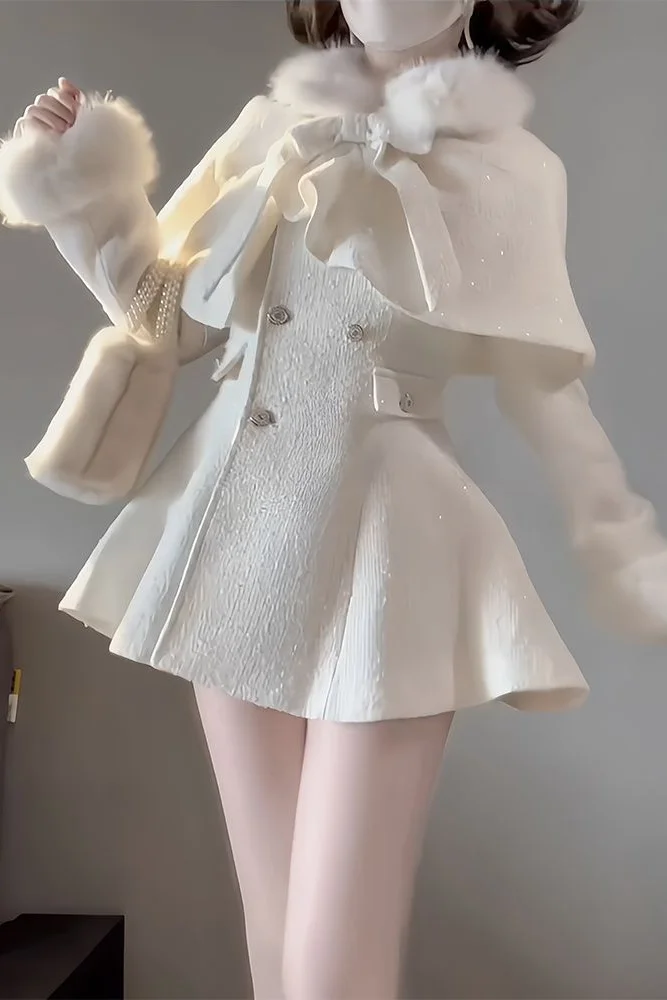White Boucle Coatdress Set Women Fall Winter Bow Trim Hood Waist Tie Muse Style Luxe Peplum Elegant Ensemble
White Boucle Coatdress Set Women Fall Winter Bow Trim Hood Waist Tie Muse Style Luxe Peplum Elegant Ensemble