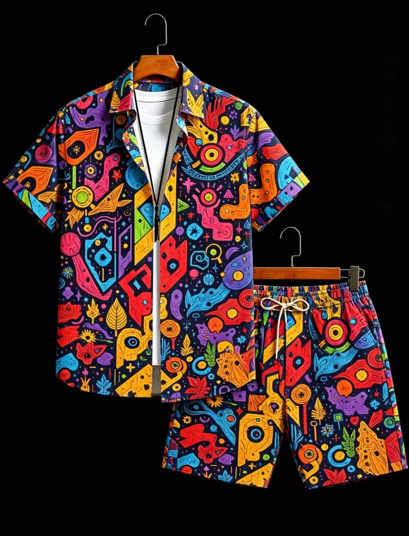 Men's psychedelic pop style printed two-piece set, short sleeved shirt and shorts, summer vacation and casual style
Men's psychedelic pop style printed two-piece set, short sleeved shirt and shorts, summer vacation and casual style