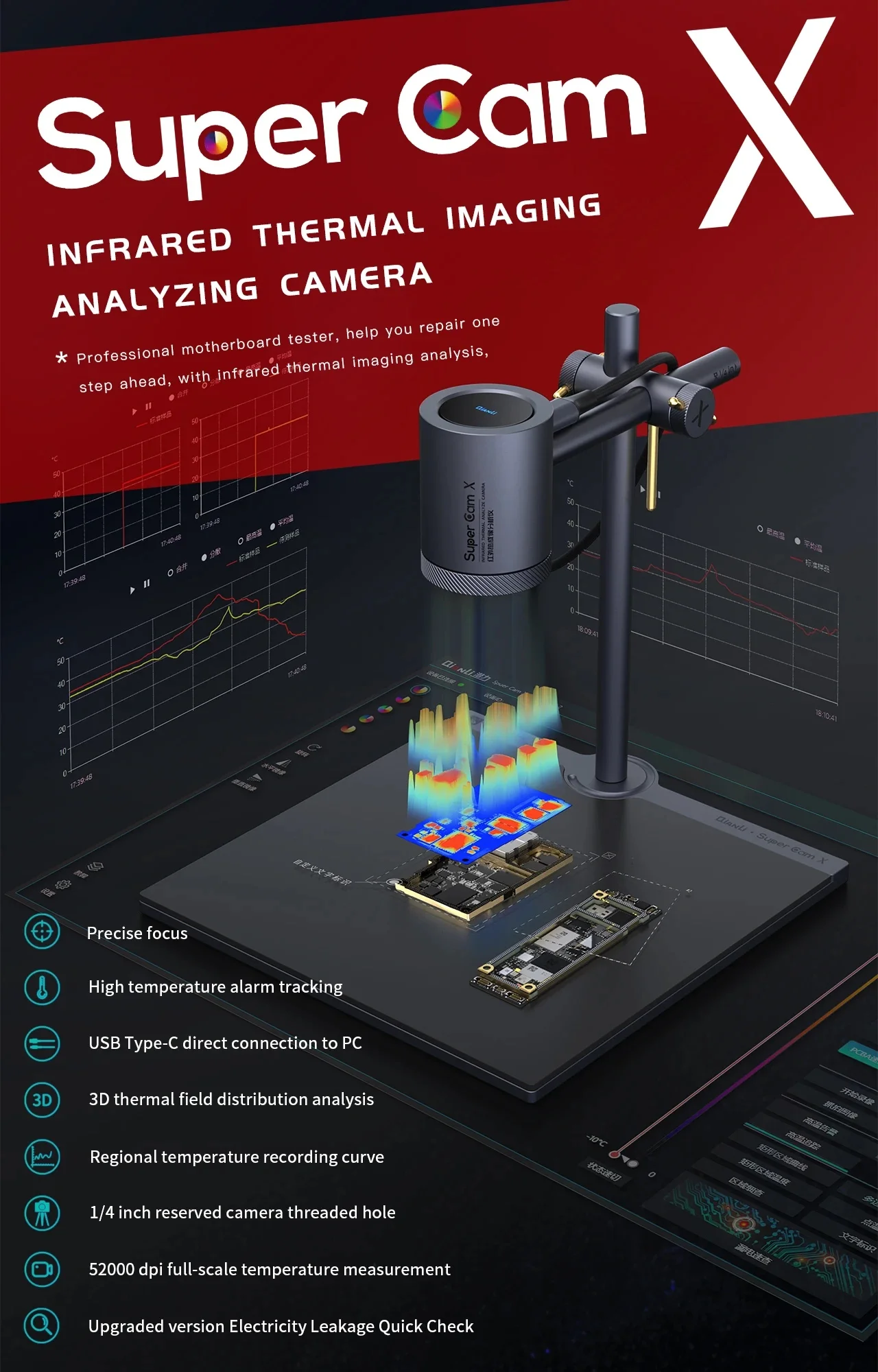 QIANLI Super Cam X 256/ X384 3D Infrared Thermal Imaging Analyzing Camera for PCB Motherboard Testing Equipment 
QIANLI Super Cam X 256/ X384 3D Infrared Thermal Imaging Analyzing Camera for PCB Motherboard Testing Equipment