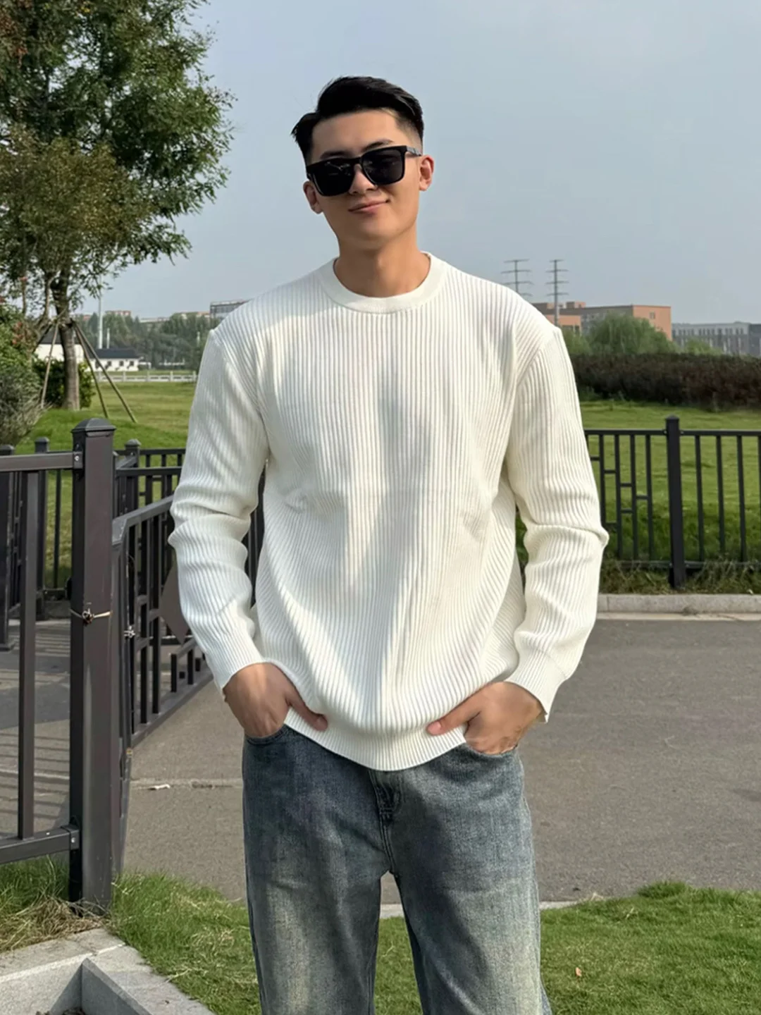 Мужской трикотажный свитер с вертикальными полосками, белый, с круглым вырезом, однотонный, универсальный, для ношения под одеждой, осень-зима, мягкий, комфортный, повседневный.
Мужской трикотажный свитер с вертикальными полосками, белый, с круглым вырезом, однотонный, универсальный, для ношения под одеждой, осень-зима, мягкий, комфортный, повседневный.