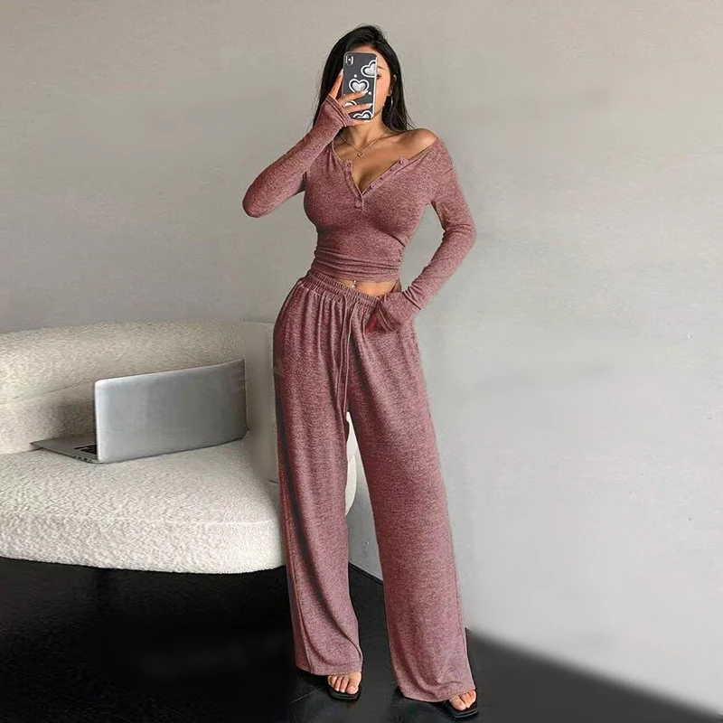 Spring Autumn Solid Slim Pajamas Homewear Set Long-sleeve Tops And Long Pants Sexy V-neck Button Two-piece Pj Sets Sleepwear Y2K
Spring Autumn Solid Slim Pajamas Homewear Set Long-sleeve Tops And Long Pants Sexy V-neck Button Two-piece Pj Sets Sleepwear Y2K