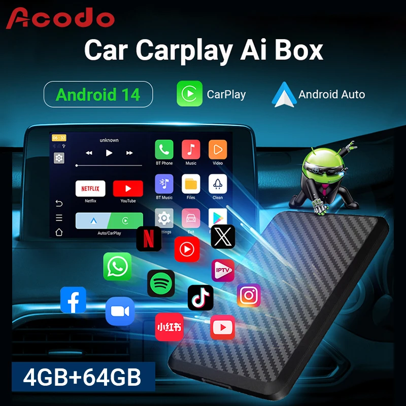 Acodo New Android14 Wireless CarPlay and Android Auto 3in1 Quad Core 4GB+64GB Smart Box Built-in Apps For Youtube Nexflit Wifi
Acodo New Android14 Wireless CarPlay and Android Auto 3in1 Quad Core 4GB+64GB Smart Box Built-in Apps For Youtube Nexflit Wifi