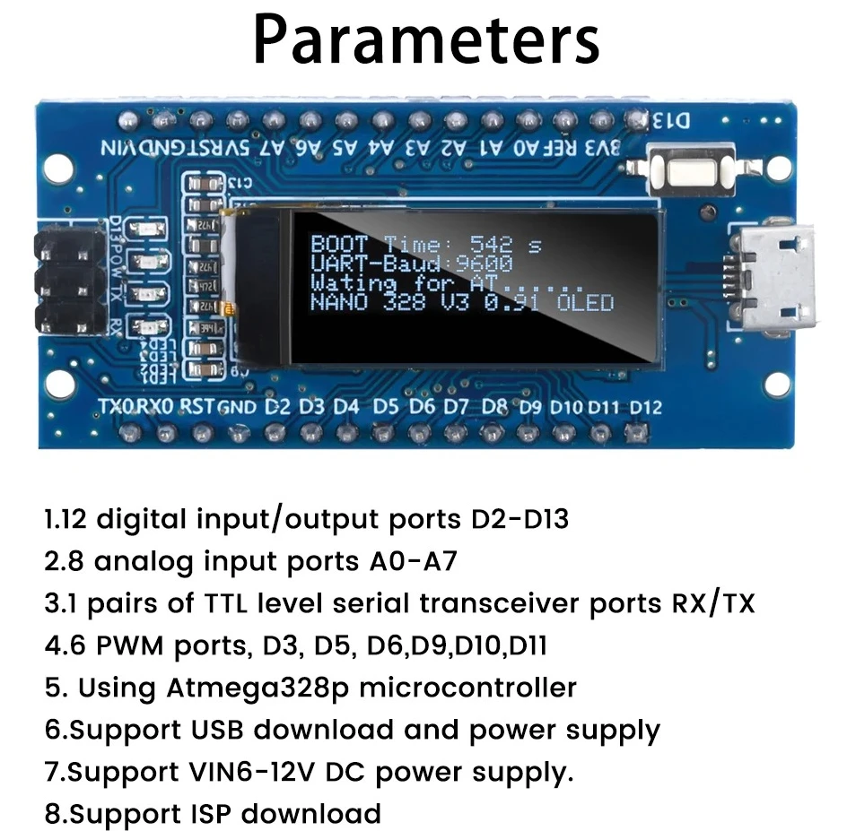 V3.0 Atmega328P CH340C со встроенным 0,91-дюймовым OLED-дисплеем, разрешение 128 x 32, SSD1306 LIC
V3.0 Atmega328P CH340C со встроенным 0,91-дюймовым OLED-дисплеем, разрешение 128 x 32, SSD1306 LIC