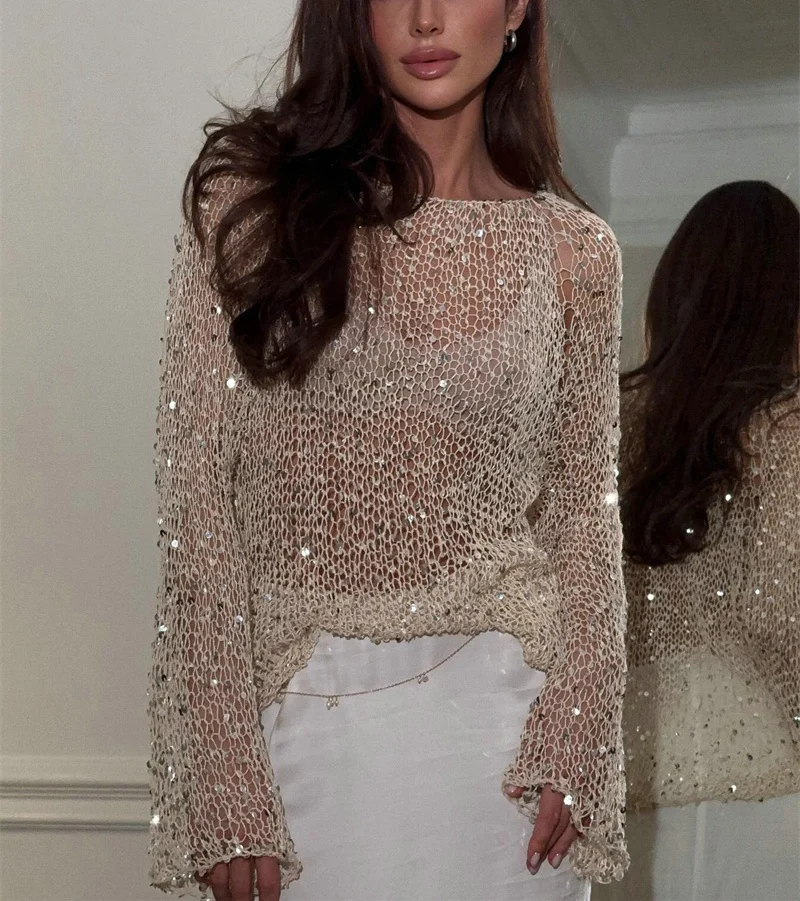 Women Sexy Hollow Sequins Knitted Pullover Woman Loose Round Neck Long Sleeve Sweater Top 2025 Fashion Lady Shiny Party Knitwear
Women Sexy Hollow Sequins Knitted Pullover Woman Loose Round Neck Long Sleeve Sweater Top 2025 Fashion Lady Shiny Party Knitwear