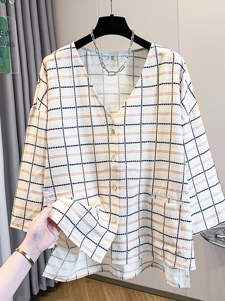 Summer Plaid Loose Fit Shirt Women's Artistic Style Seven Sleeve Casual Breathable Skin-Friendly Large Size Fashion Top
Summer Plaid Loose Fit Shirt Women's Artistic Style Seven Sleeve Casual Breathable Skin-Friendly Large Size Fashion Top