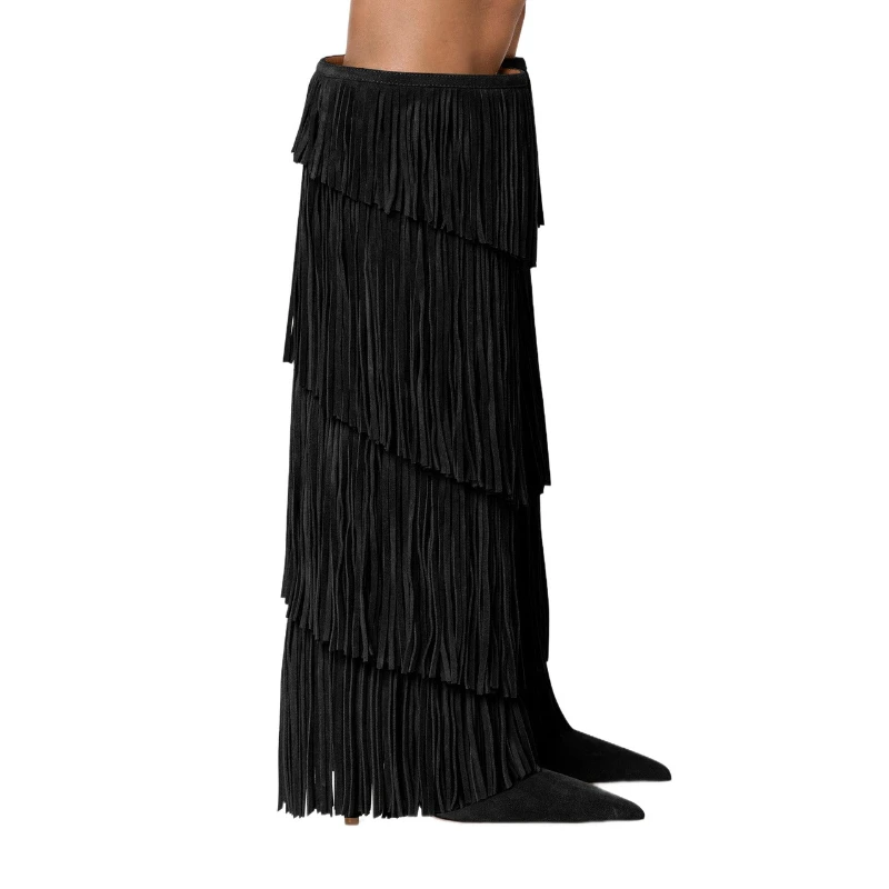 Women's Suede Fringe Knee High Boots Pointed Toe Stiletto Heels Pull On Western Cowboy Tall Boots Party Club Fashion Footwear
Women's Suede Fringe Knee High Boots Pointed Toe Stiletto Heels Pull On Western Cowboy Tall Boots Party Club Fashion Footwear