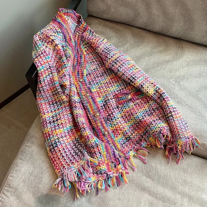 French Style Rainbow Color Tassel Sweater Spring Autumn V-neck Knitted Jacket Women's Elegant Single Breasted Loose Cardigan
French Style Rainbow Color Tassel Sweater Spring Autumn V-neck Knitted Jacket Women's Elegant Single Breasted Loose Cardigan