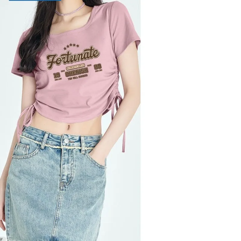 Summer Short Sleeve Square Collar Printing Women's Pullover Bandage Drawstring Letter Casual T-shirt Elegant Clothes Tops
Summer Short Sleeve Square Collar Printing Women's Pullover Bandage Drawstring Letter Casual T-shirt Elegant Clothes Tops