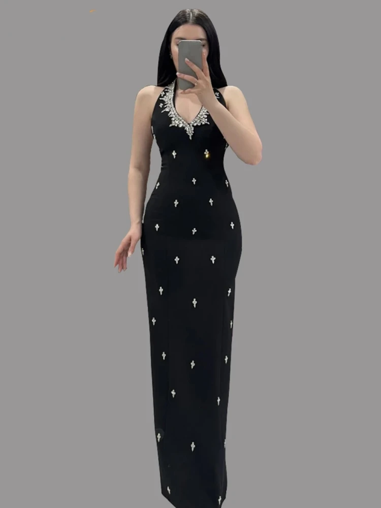 Sexy Halter Neck Diamonds Bandage Dress Women Black Sleeveless Backless Beaded Rhinestones Bodycon Long Dresses Evening Party
Sexy Halter Neck Diamonds Bandage Dress Women Black Sleeveless Backless Beaded Rhinestones Bodycon Long Dresses Evening Party