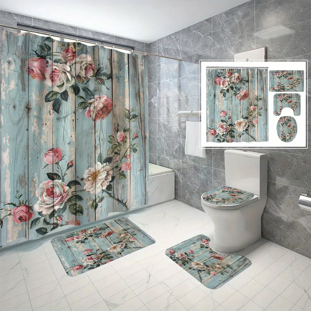 4-Piece Floral Blue Vintage Wood Panel Bathroom Curtain Set, Waterproof Digital Printed Polyester Shower Curtain with Hooks
4-Piece Floral Blue Vintage Wood Panel Bathroom Curtain Set, Waterproof Digital Printed Polyester Shower Curtain with Hooks