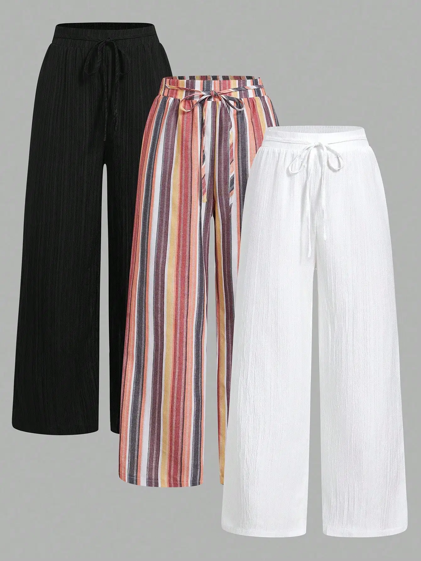 3pcs Women Casual Wide Leg Pants Set With Drawstring Waist Striped Solid Colors
3pcs Women Casual Wide Leg Pants Set With Drawstring Waist Striped Solid Colors
