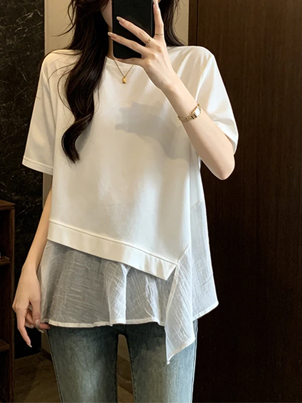 Summer New plus Size Women's T-shirt Casual Loose Belly Covering Short Sleeve Irregular Splicing Personality Korean Style Top
Summer New plus Size Women's T-shirt Casual Loose Belly Covering Short Sleeve Irregular Splicing Personality Korean Style Top