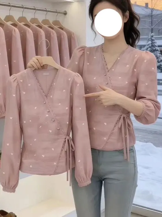 Spring 2026 Fashion Sweet Style Women's Shirt Bubble Sleeve V-Neck Tie Waist Slimming Top Pink Color Trendy New Arrival
Spring 2026 Fashion Sweet Style Women's Shirt Bubble Sleeve V-Neck Tie Waist Slimming Top Pink Color Trendy New Arrival
