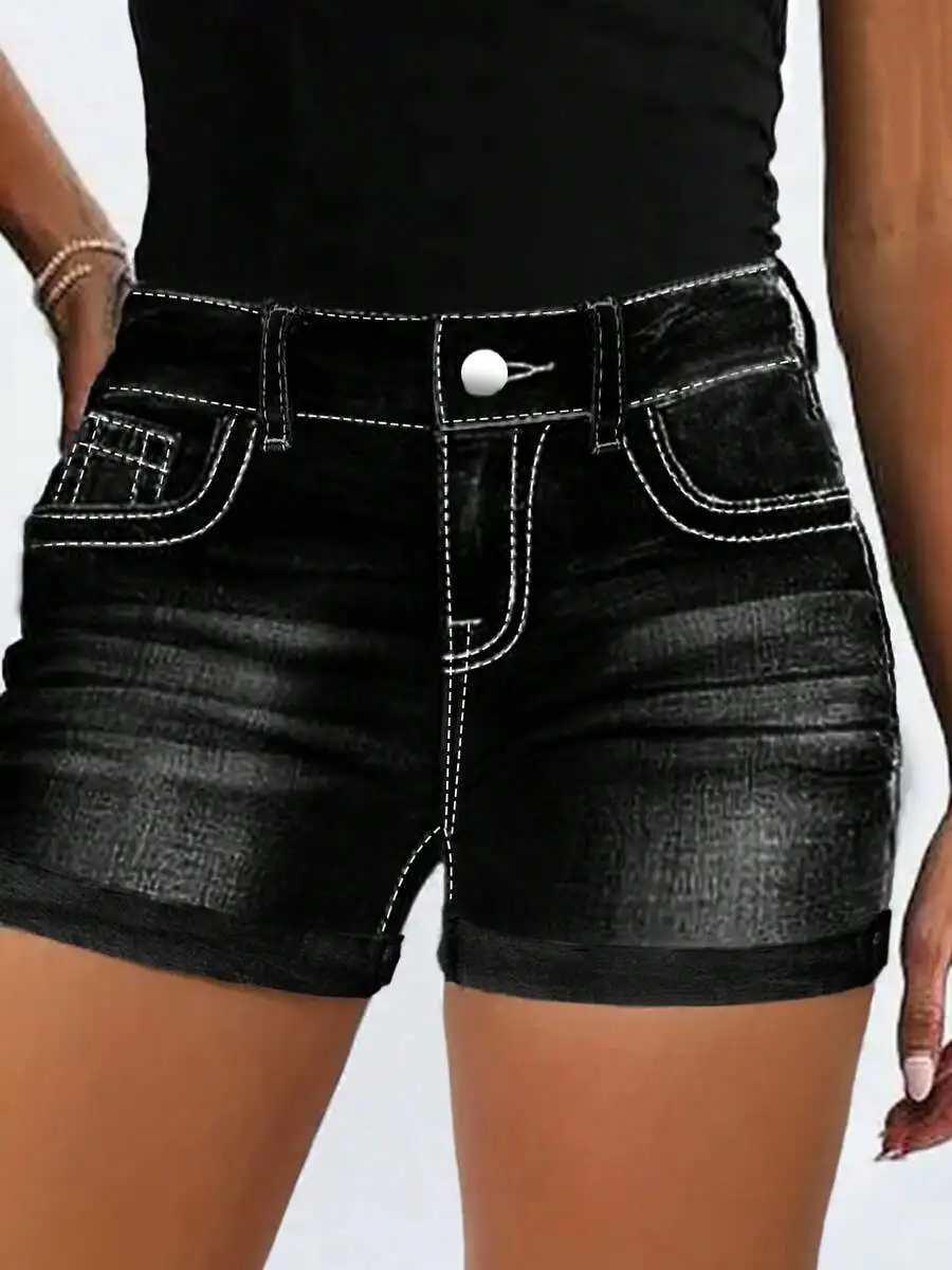 High-Waisted Washed Denim Shorts For Women Black With Embroidery Pockets And Button Closure
High-Waisted Washed Denim Shorts For Women Black With Embroidery Pockets And Button Closure