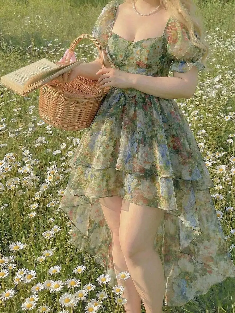 Green Floral Chiffon Polyester Puff Sleeve Square Neck High Waist Tiered Hem A-Line Dress For Women
Green Floral Chiffon Polyester Puff Sleeve Square Neck High Waist Tiered Hem A-Line Dress For Women
