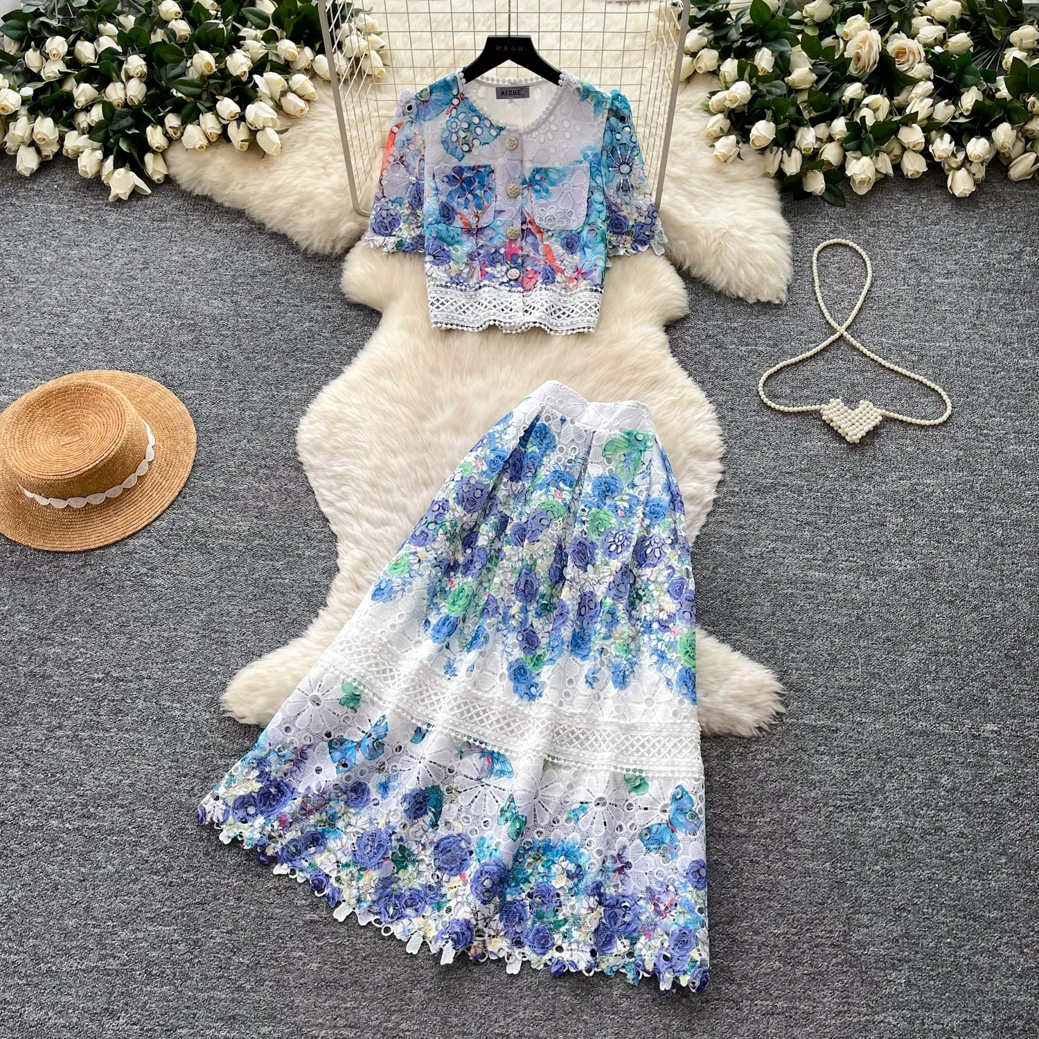 Hollow Embroidery Lace Two Piece Set Women Puff Short Sleeve Scalloped Crop Top + A-Line Midi Skirt Matching Outfits
Hollow Embroidery Lace Two Piece Set Women Puff Short Sleeve Scalloped Crop Top + A-Line Midi Skirt Matching Outfits