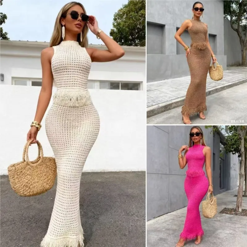 Womens 2 Piece Outfit Elegant Party Skirt Set Hollow knit Tassel Sleeveless High Neck Top+Hip Hugging Long Skirt Two-Piece Set
Womens 2 Piece Outfit Elegant Party Skirt Set Hollow knit Tassel Sleeveless High Neck Top+Hip Hugging Long Skirt Two-Piece Set