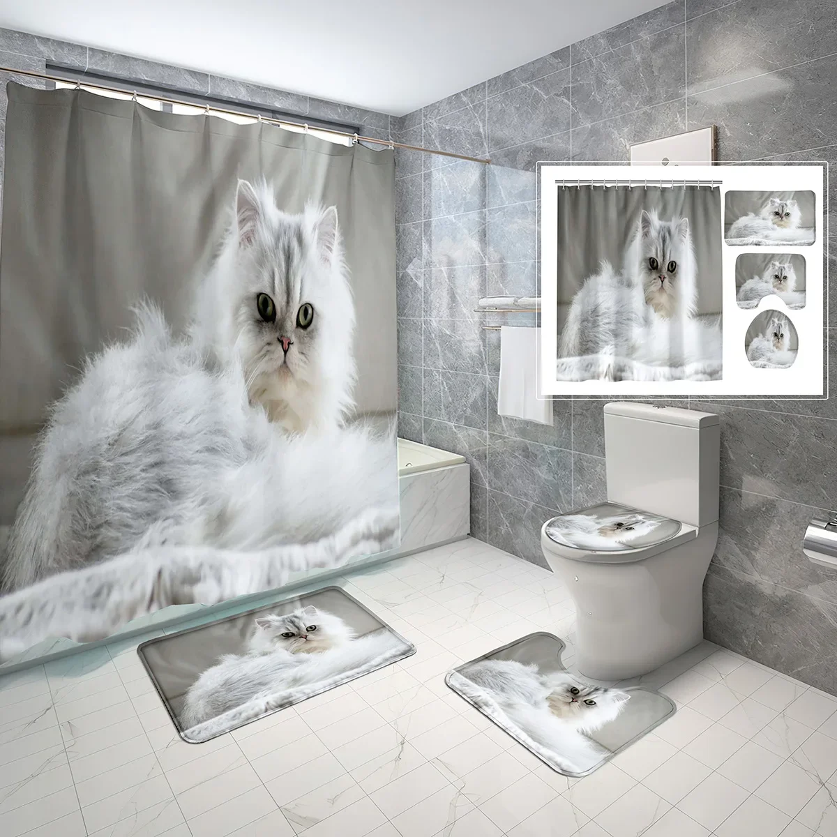4 Pcs Persian Cat Shower Curtain Sets Lying Down White Cat Bathroom Non-Slip Bath Mat Waterproof Shower Curtain Toilet Cover Set
4 Pcs Persian Cat Shower Curtain Sets Lying Down White Cat Bathroom Non-Slip Bath Mat Waterproof Shower Curtain Toilet Cover Set