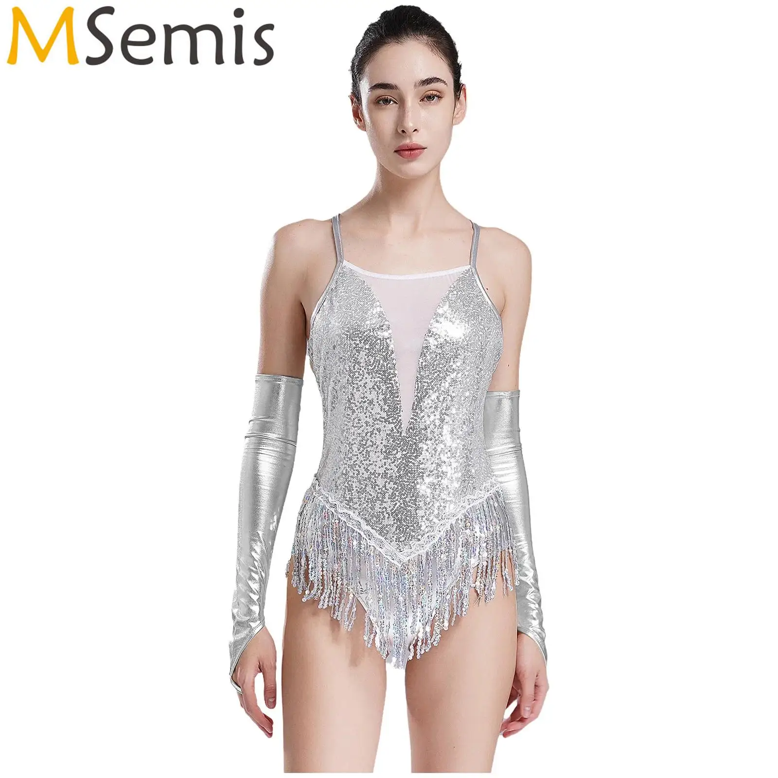 Womens Latin Dance Performance Outfit Sparkling Sequins Fringed Leotard Bodysuit with Elbow Length Metallic Fingerless Gloves
Womens Latin Dance Performance Outfit Sparkling Sequins Fringed Leotard Bodysuit with Elbow Length Metallic Fingerless Gloves