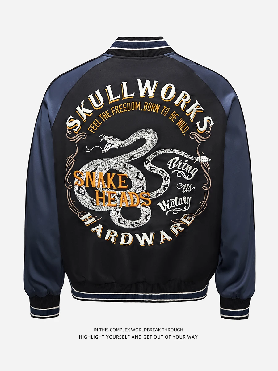 Youthful Baseball Jaet for Men with Snake Embroidery Hokuska Design Spring Autumn Outerwear Stand Fit round Ne Zipper
Youthful Baseball Jaet for Men with Snake Embroidery Hokuska Design Spring Autumn Outerwear Stand Fit round Ne Zipper