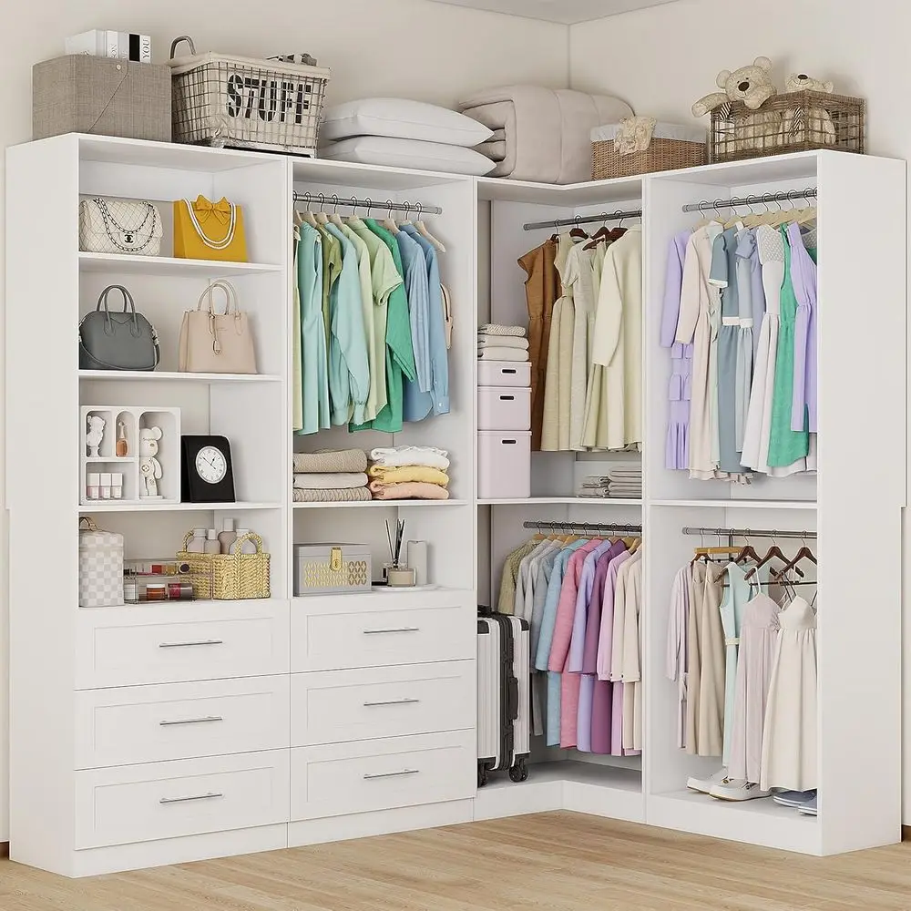 6-Drawer Wooden L-Shaped Closet Organizer System with 9 Hanging Rods and Adjustable Shelves, White, for Walk-in Closets
6-Drawer Wooden L-Shaped Closet Organizer System with 9 Hanging Rods and Adjustable Shelves, White, for Walk-in Closets