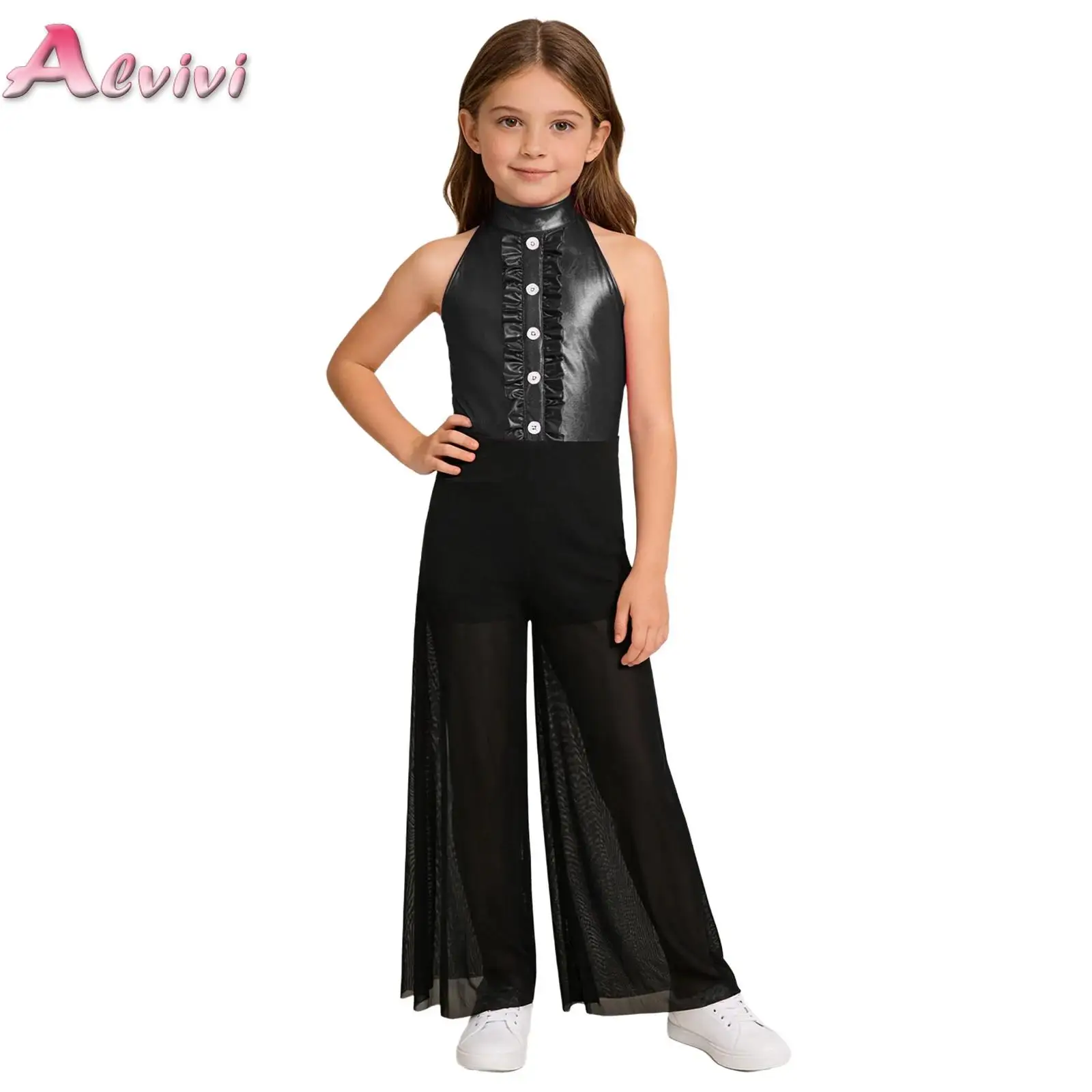 Kids Girls Jazz Dance Jumpsuit Mock Neck Sleeveless Back Ruffles Metallic Bodice Mesh Wide-Leg Bodysuit for Lyrical Ballet Dance
Kids Girls Jazz Dance Jumpsuit Mock Neck Sleeveless Back Ruffles Metallic Bodice Mesh Wide-Leg Bodysuit for Lyrical Ballet Dance