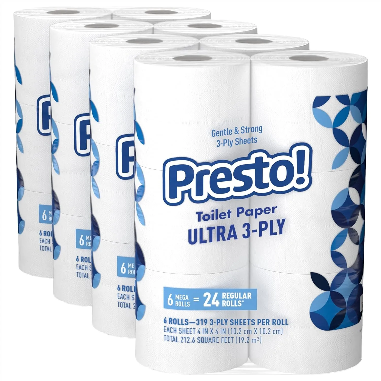 Presto 3-Ply Toilet Paper 24 Mega Rolls = 96 Regular Rolls, 7656 Sheets, Unscented
Presto 3-Ply Toilet Paper 24 Mega Rolls = 96 Regular Rolls, 7656 Sheets, Unscented