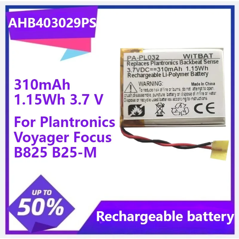 AHB403029, For Plantronics Voyager Focus B825 Battery, B825-M 3.7 V, 310mAh,1.15Wh
AHB403029, For Plantronics Voyager Focus B825 Battery, B825-M 3.7 V, 310mAh,1.15Wh